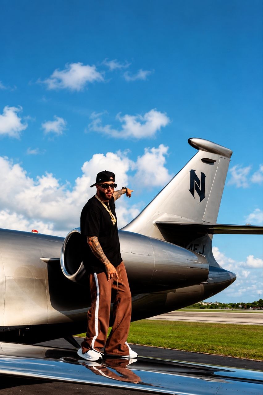 Nicky Jam junto a un avión con el monograma desarrollado por Keibyn Pabón